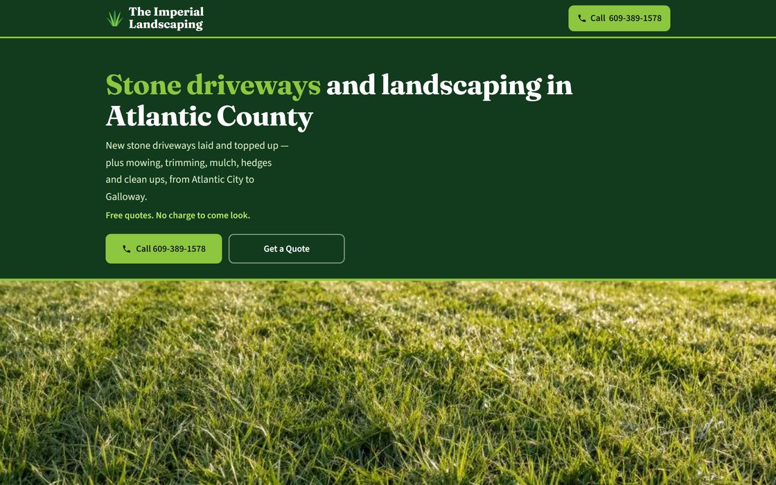 The Imperial Landscaping homepage on a laptop: dark green, with the headline Stone driveways and landscaping in Atlantic County.