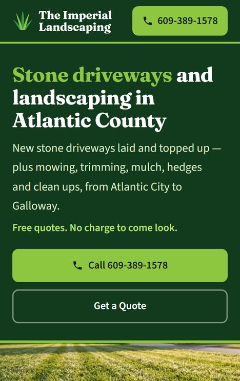 The Imperial Landscaping website on a phone: a dark green page headed Stone driveways and landscaping in Atlantic County, above a call button.