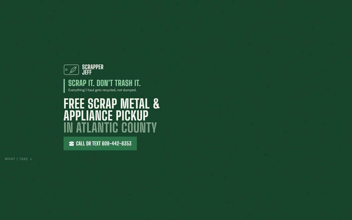 The Scrapper Jeff homepage on a laptop: dark green, with the headline Free scrap metal and appliance pickup in Atlantic County.