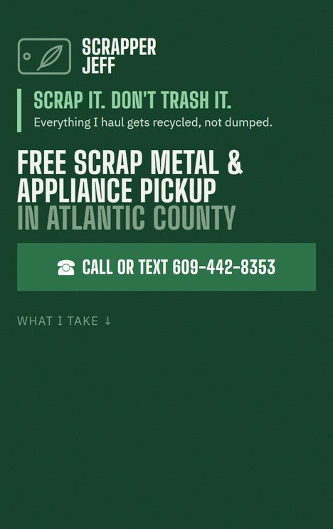 The Scrapper Jeff website on a phone: Free scrap metal and appliance pickup in Atlantic County, above a call or text button.